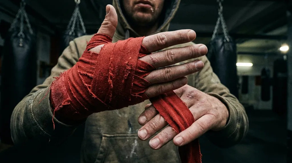 Close-up of a boxer wrapping hands before a training session at a community boxing gym