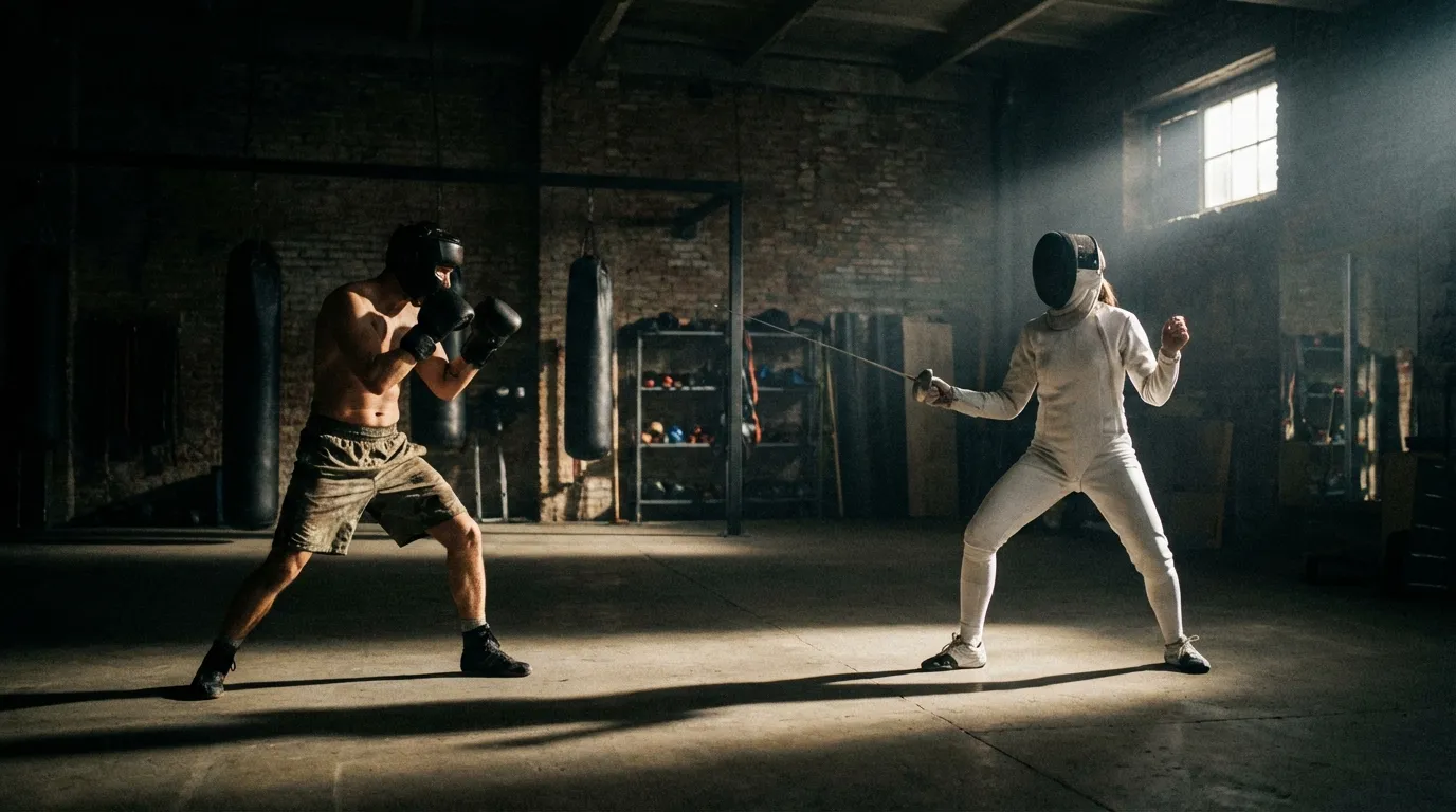 Boxer in guard stance next to a fencer in en garde position, both demonstrating athletic footwork