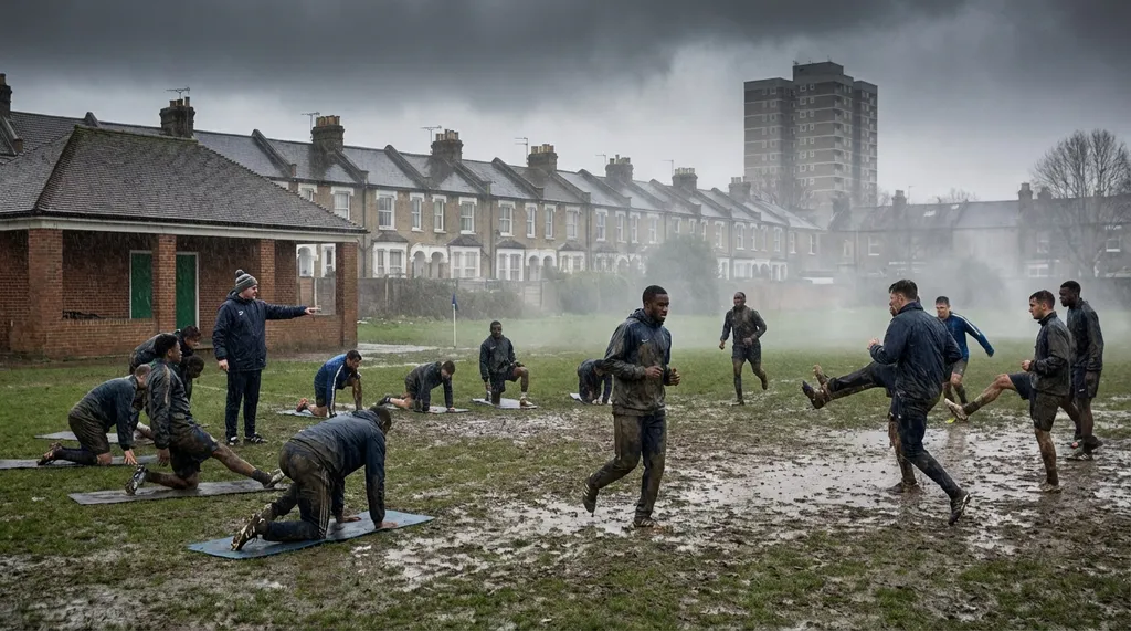Amateur football training session on a wet London pitch with players warming up under grey skies