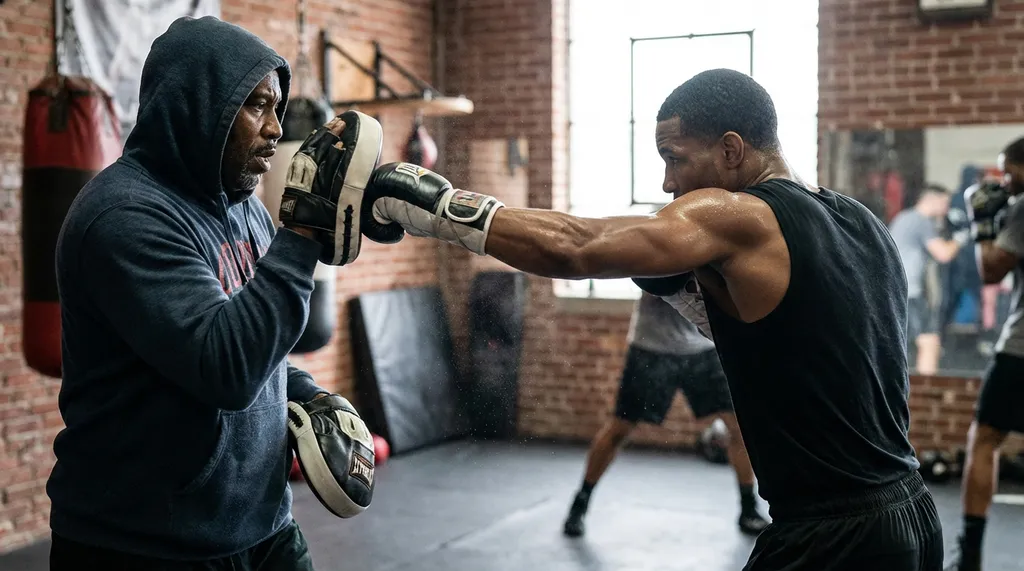 Boxing pad work in a community gym with a coach holding pads while a boxer throws combinations