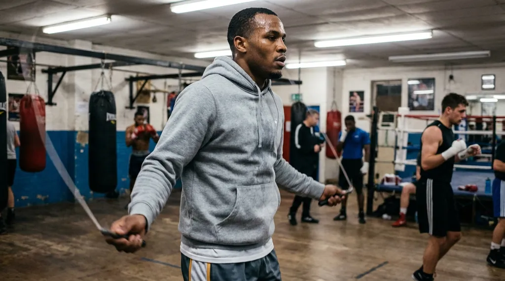 Boxer skipping rope with speed and rhythm in a boxing gym during conditioning work