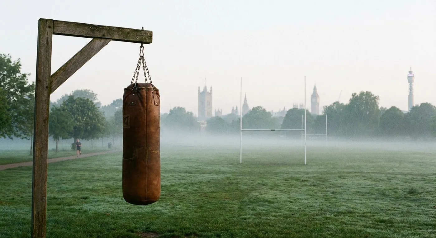 Football training session on a rainy London pitch alongside a boxing training session in a gym