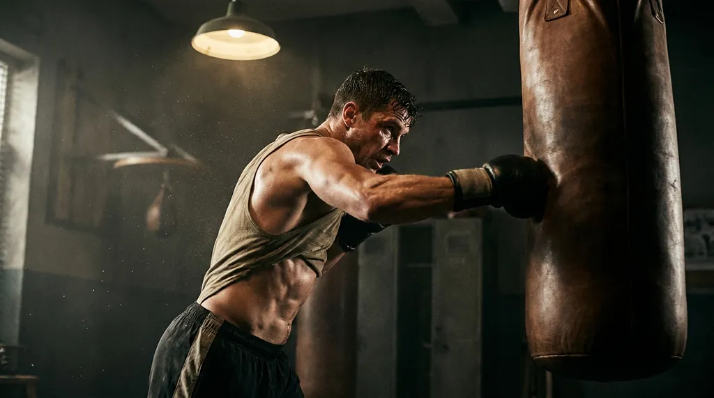 Boxer throwing a powerful hook punch on a heavy bag, showing full hip rotation and core engagement
