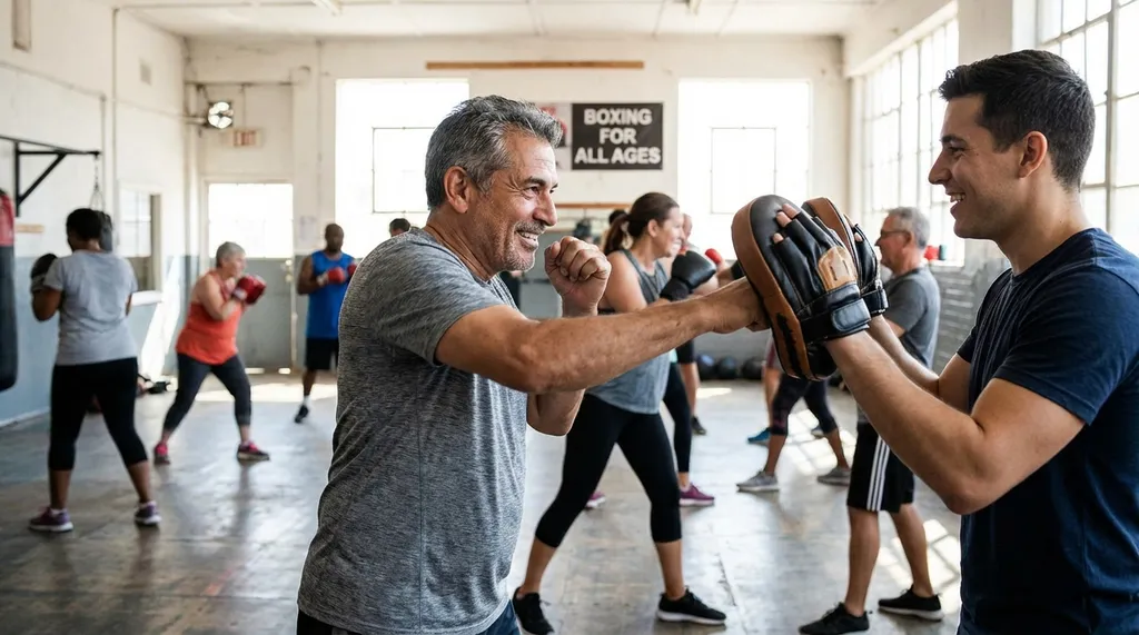 Mature adult performing boxing pad work with a coach, demonstrating that boxing is accessible at any age