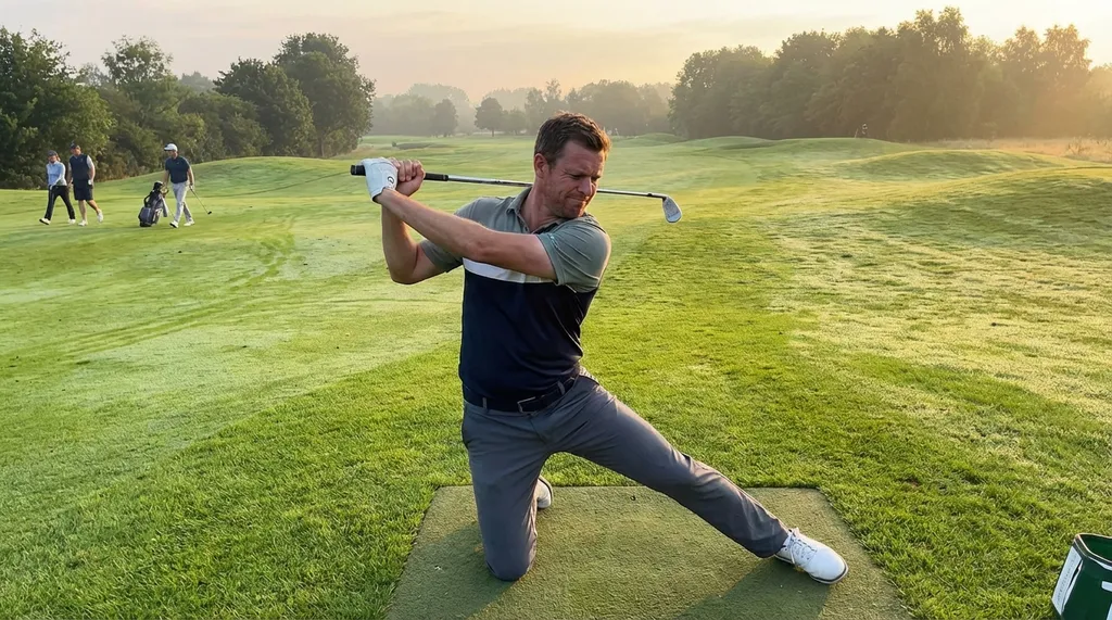 Golfer performing a rotational stretch exercise on a golf course, highlighting the mobility demands of the sport