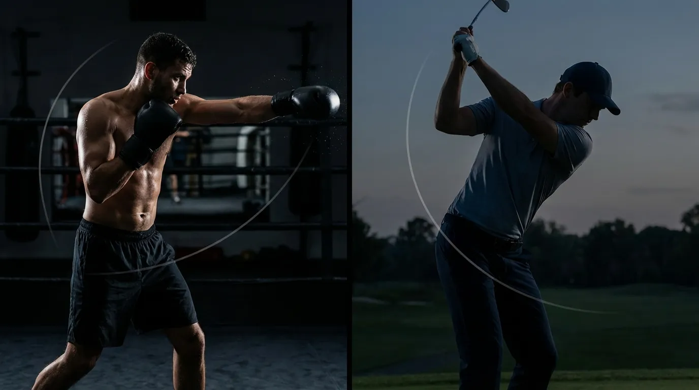 Split image showing a boxer rotating into a cross punch and a golfer at the top of a backswing, highlighting similar rotational mechanics