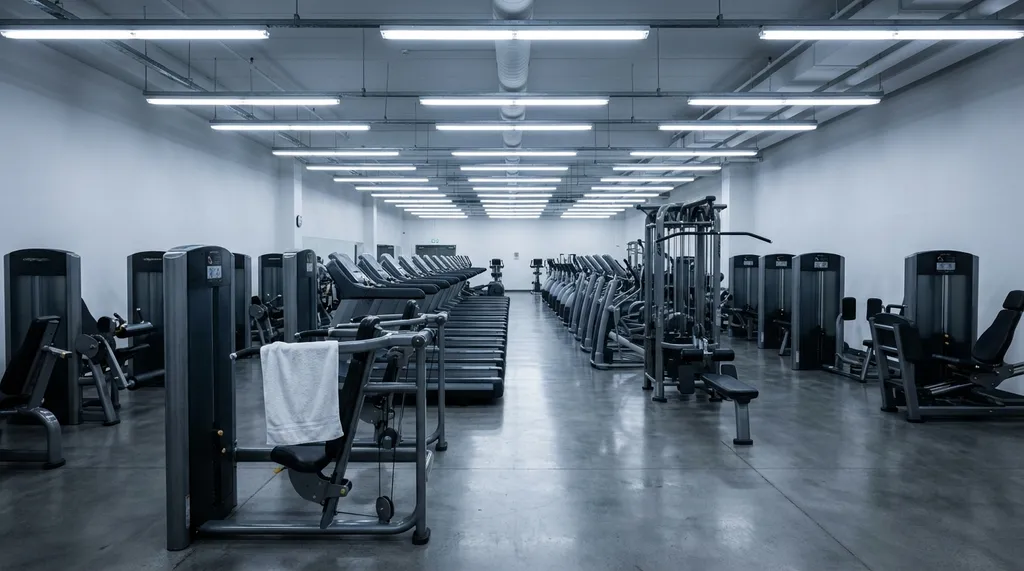 Empty commercial gym with rows of treadmills and weight machines under harsh fluorescent lighting