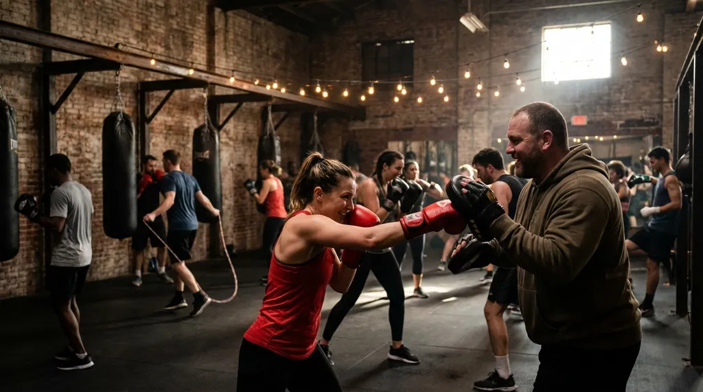 Energetic boxing class with coach holding pads for a female boxer throwing combinations in a dark gym