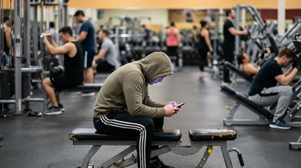 Person sitting alone on a weight bench in a commercial gym checking their phone between sets