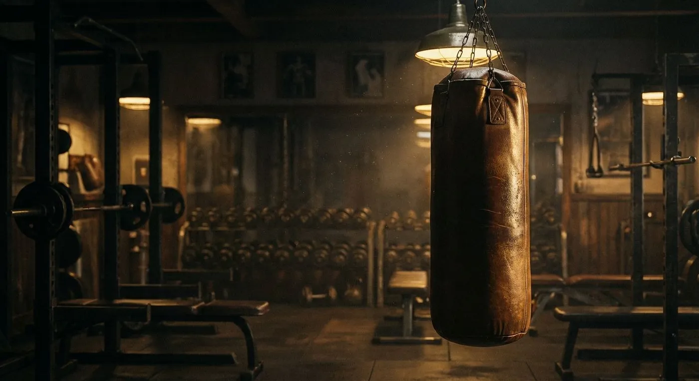 Split view of a commercial gym with empty equipment and a busy boxing gym with fighters training
