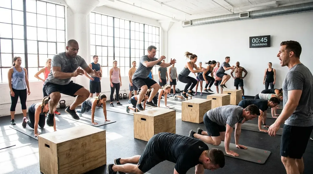 Intense HIIT fitness class with people doing burpees and box jumps in a modern bright studio