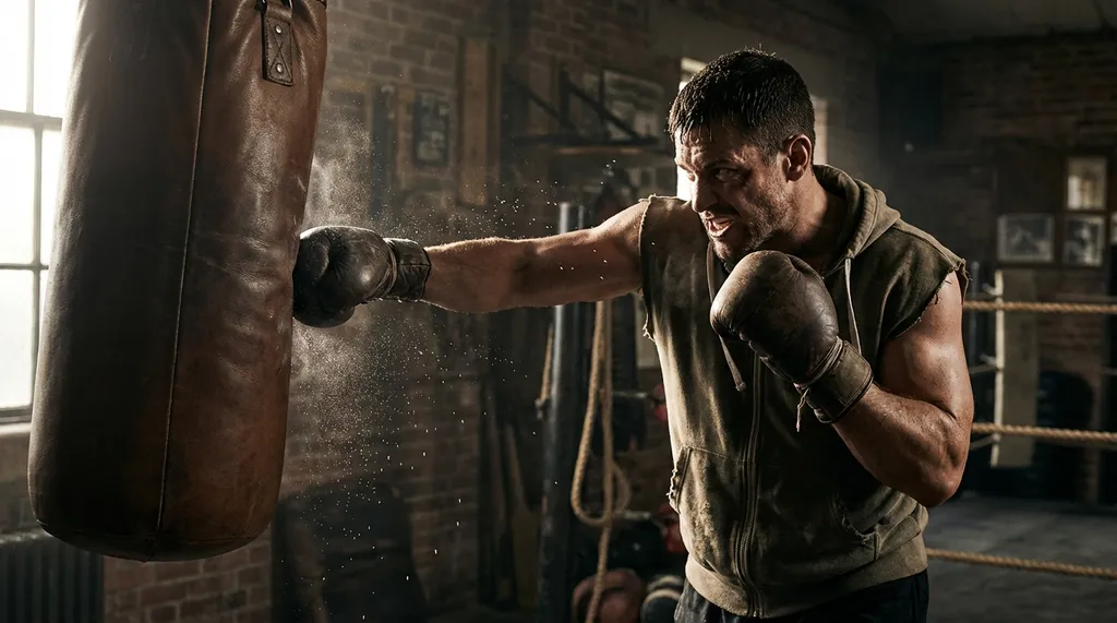 Boxer hitting the heavy bag with powerful hooks, dramatic side lighting in a dark boxing gym