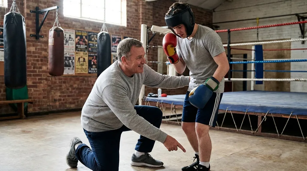 Boxing coach teaching a beginner proper stance and guard position in an amateur boxing gym