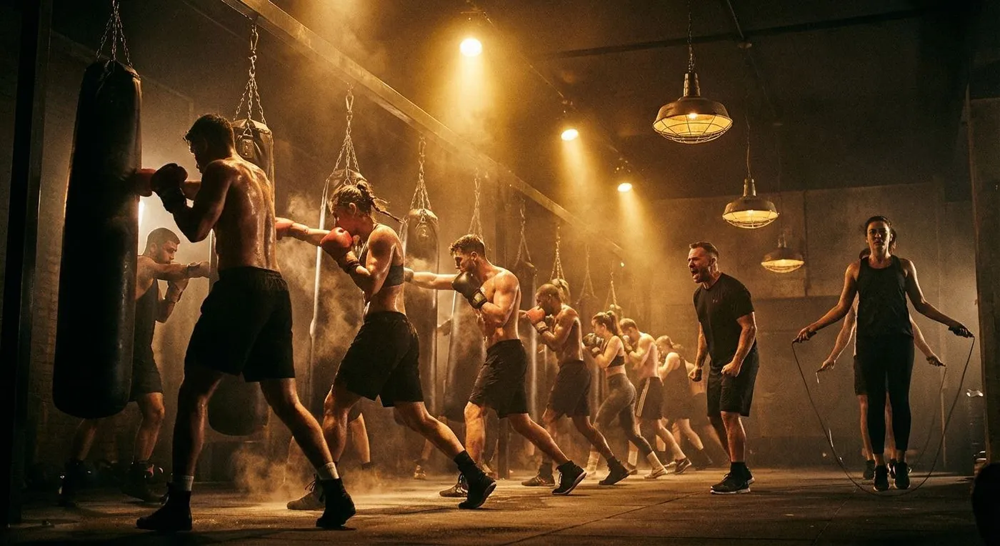 Boxing pad work session contrasted with a HIIT fitness class doing burpees