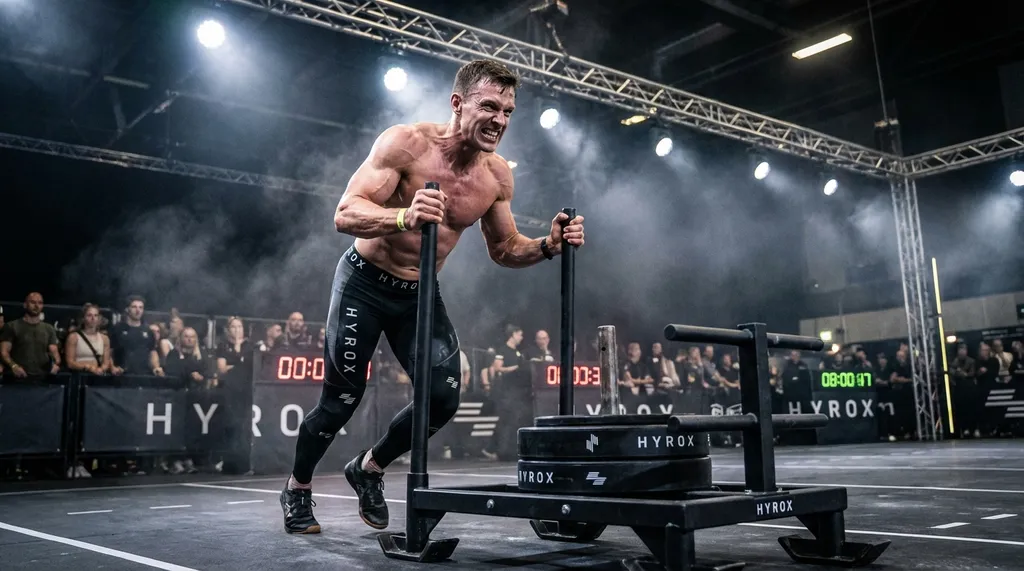 HYROX athlete pushing a heavy sled in a competition arena, dramatic lighting showing sweat and determination
