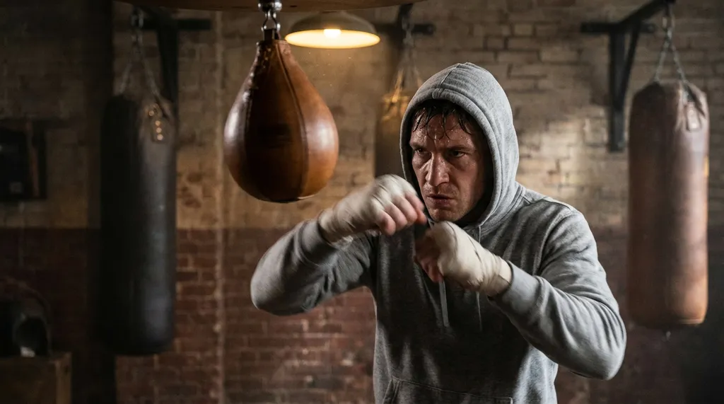 Boxer working the speed bag in a traditional gym, fast hands blurred with motion, focused expression under moody lighting