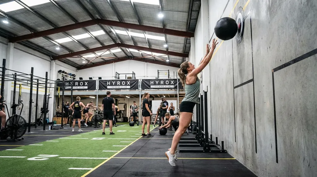 Athlete performing wall balls with a medicine ball in a functional fitness gym, HYROX-style training session