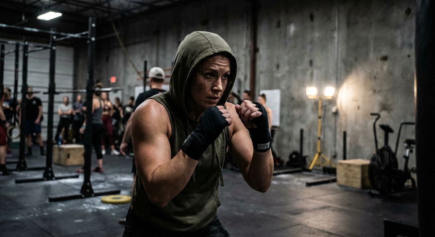 Boxer training in a dark gym next to a HYROX athlete pushing a sled in a competition arena