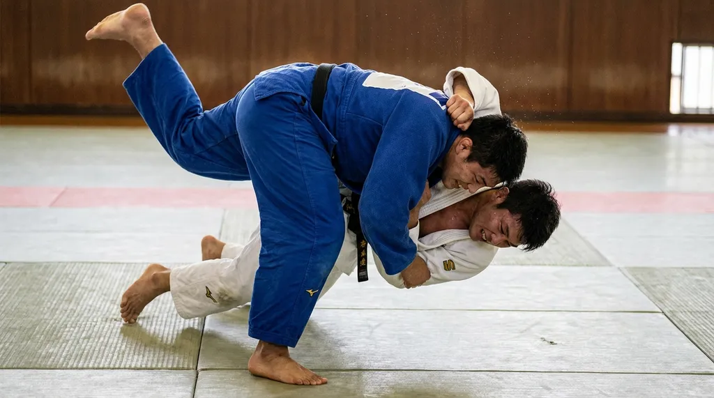 Judo throw in action, one fighter executing an ippon seoi nage over the hip on judo mats