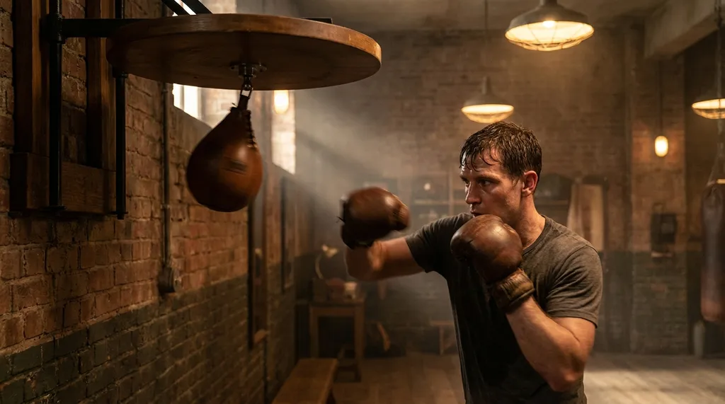 Boxer working the speed bag in a traditional boxing gym with fast hand movements