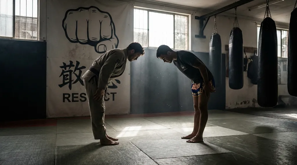 Two combat sports athletes showing mutual respect before training