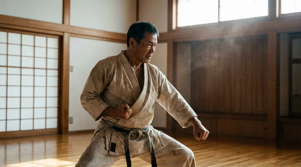 Karate fighter performing a kata in a traditional gi uniform in a clean dojo