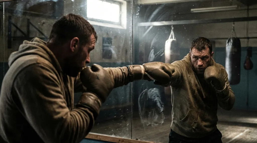 Boxer shadow boxing in front of a mirror in a dark boxing gym