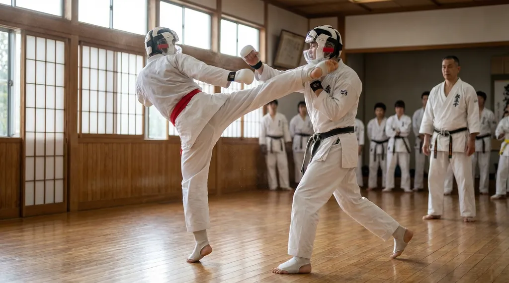 Karate sparring match in a dojo with two fighters exchanging techniques