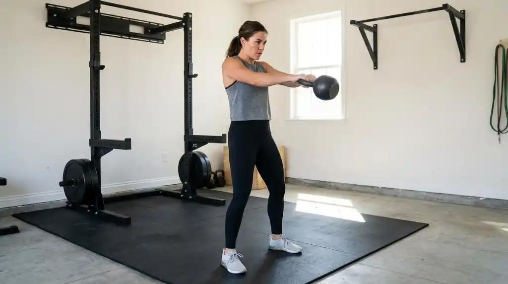 Person performing kettlebell swings in a home gym, functional fitness with minimal equipment