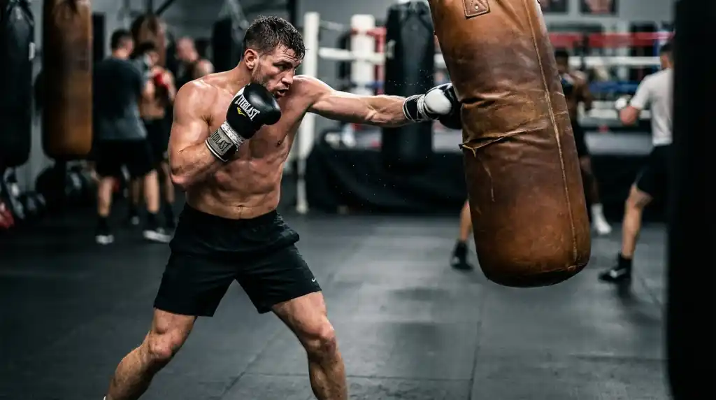 Boxer throwing combinations at a heavy bag with explosive power, full-body engagement