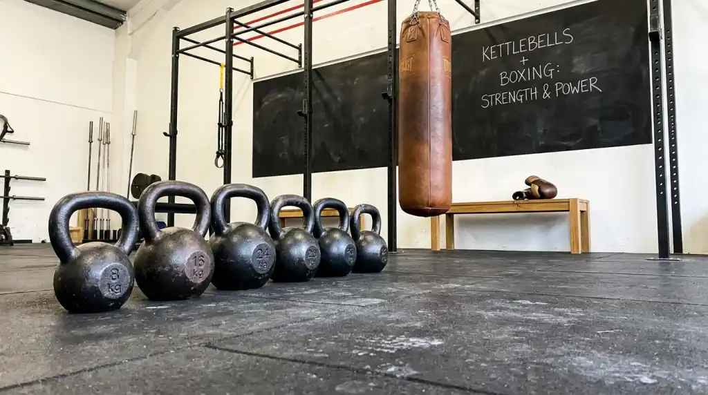 Row of kettlebells on a gym floor with a boxing heavy bag in the background