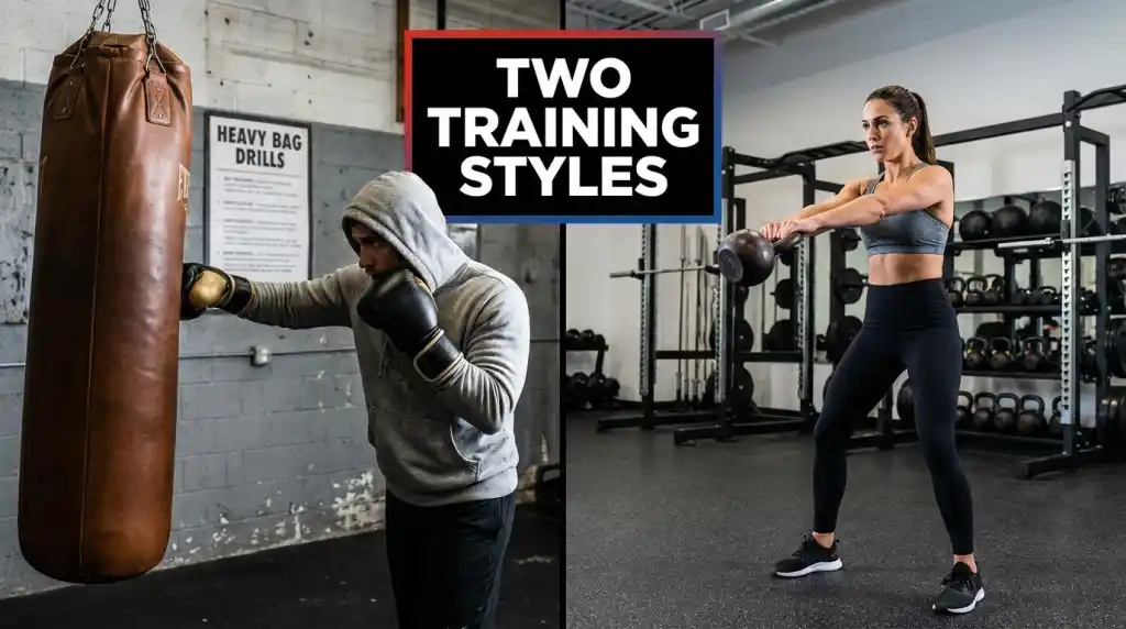 Boxing training on a heavy bag contrasted with kettlebell swings, two approaches to functional fitness