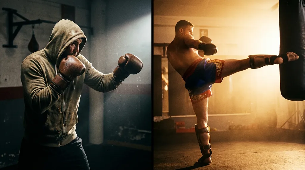 Split scene showing a boxer punching on the left and a kickboxer throwing a roundhouse kick on the right in a gym