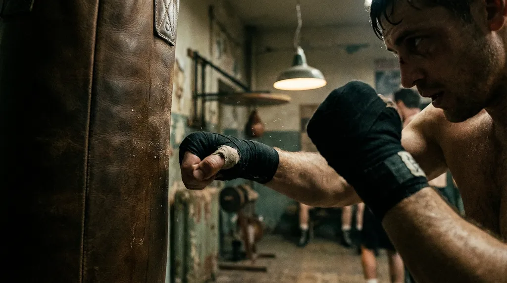 Boxer hitting a heavy bag during training in a dark gym