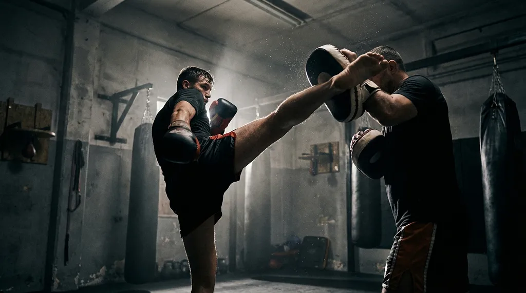Kickboxer throwing a high roundhouse kick on pads in a gym