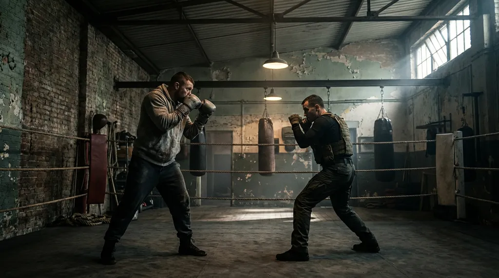 Boxer in defensive guard stance demonstrating pressure-tested fighting technique in a dimly lit boxing gym