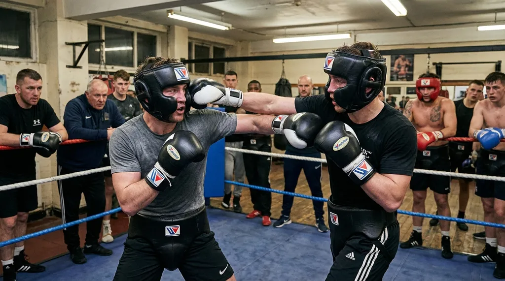 Two boxers sparring with headguards in a boxing ring, demonstrating real pressure-tested combat training