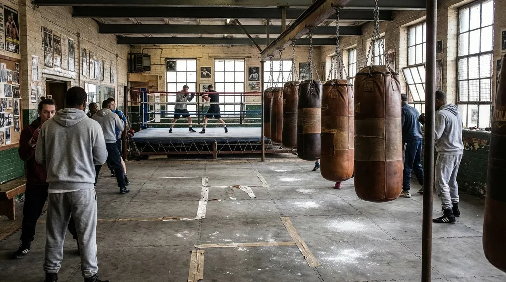 Interior of a community boxing gym with heavy bags hanging in rows and a ring in the background
