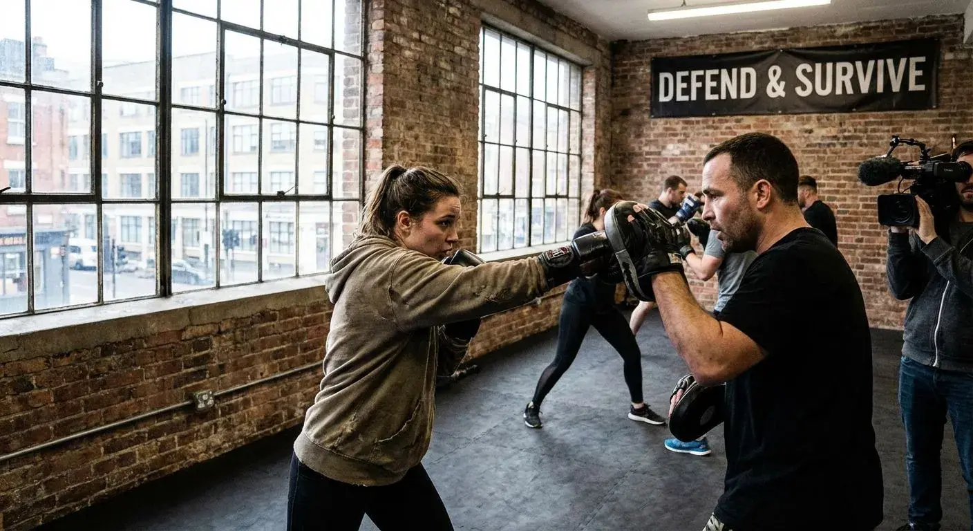 Boxer in guard stance facing a Krav Maga practitioner in a combat-ready position inside a gritty gym