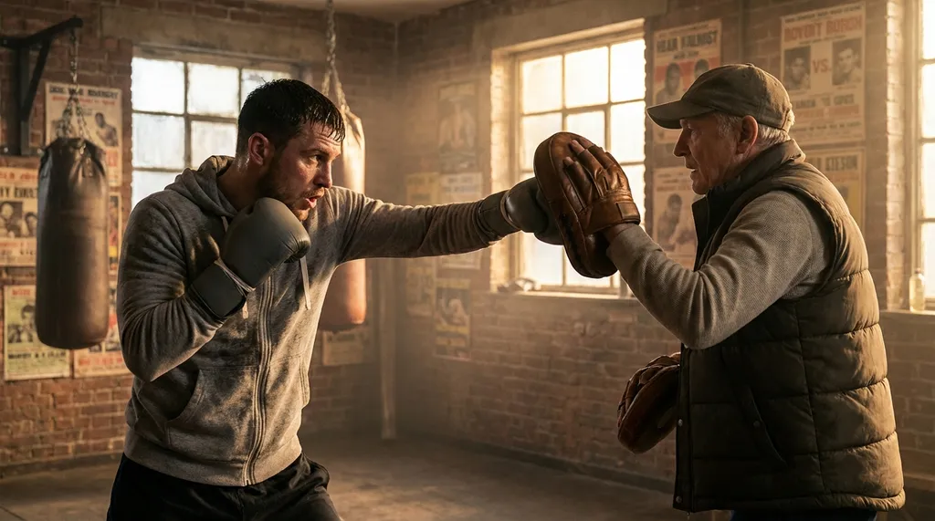 Boxer throwing a sharp jab at pads held by a coach in a traditional boxing gym