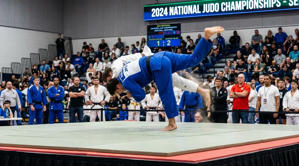 Judo throw being demonstrated on tatami mats showing the dynamic nature of grappling arts