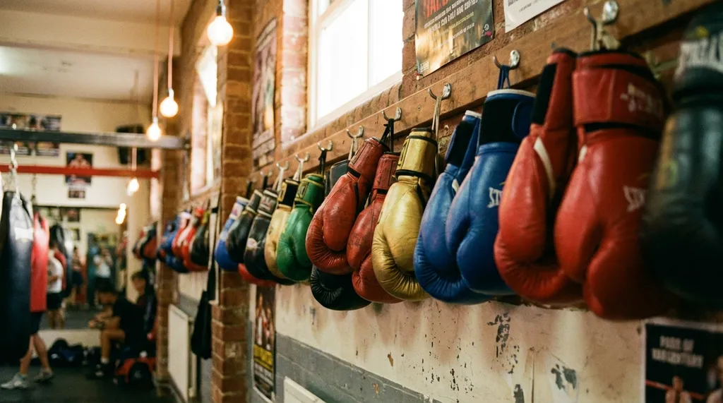 Row of boxing gloves hanging in a gym, representing the accessible entry point of boxing compared to other martial arts