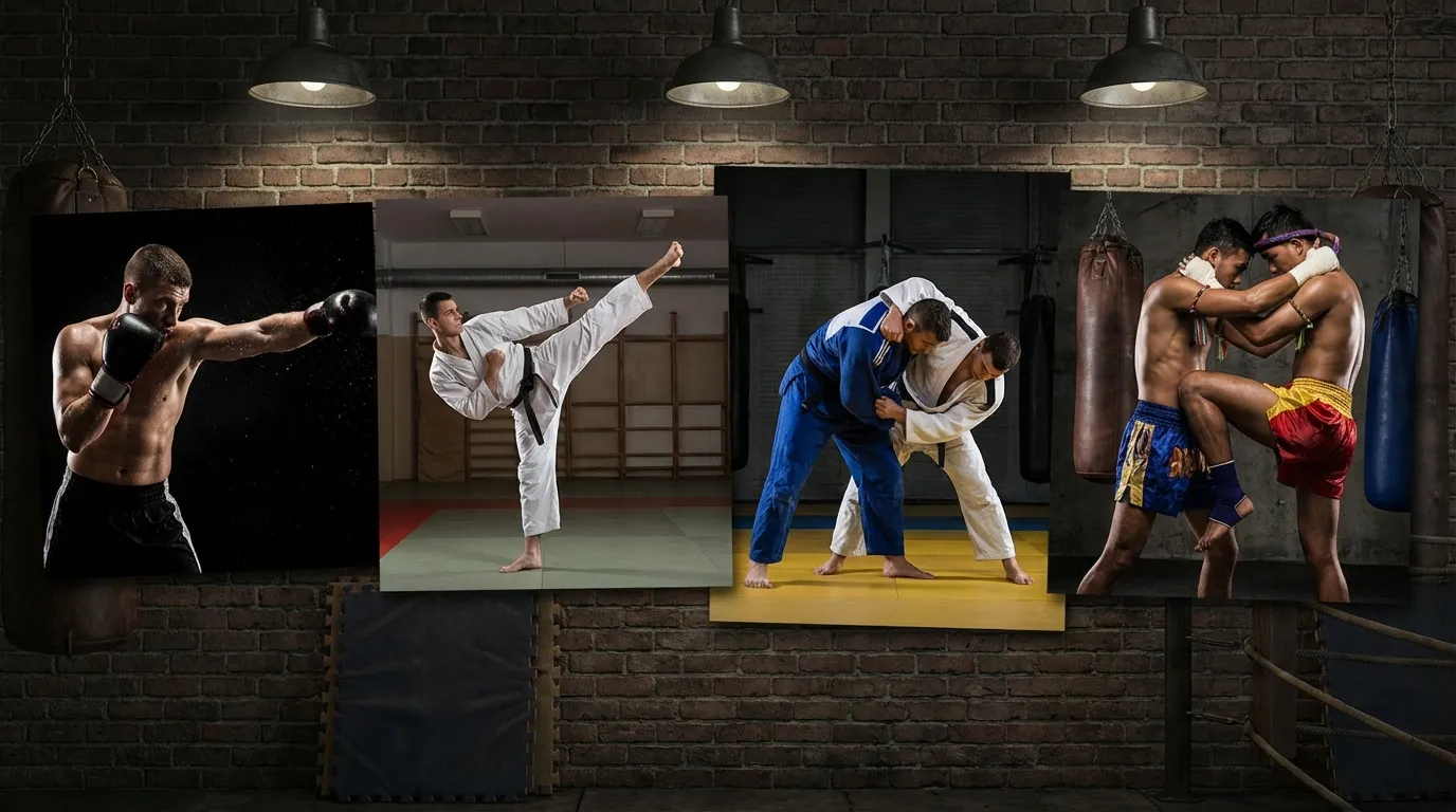 Collage of different martial arts: boxing, karate, judo, and muay thai athletes in action
