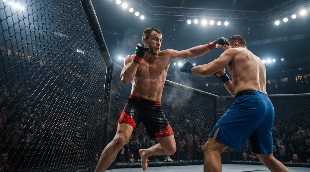 MMA fighter throwing a combination in the octagon cage during training