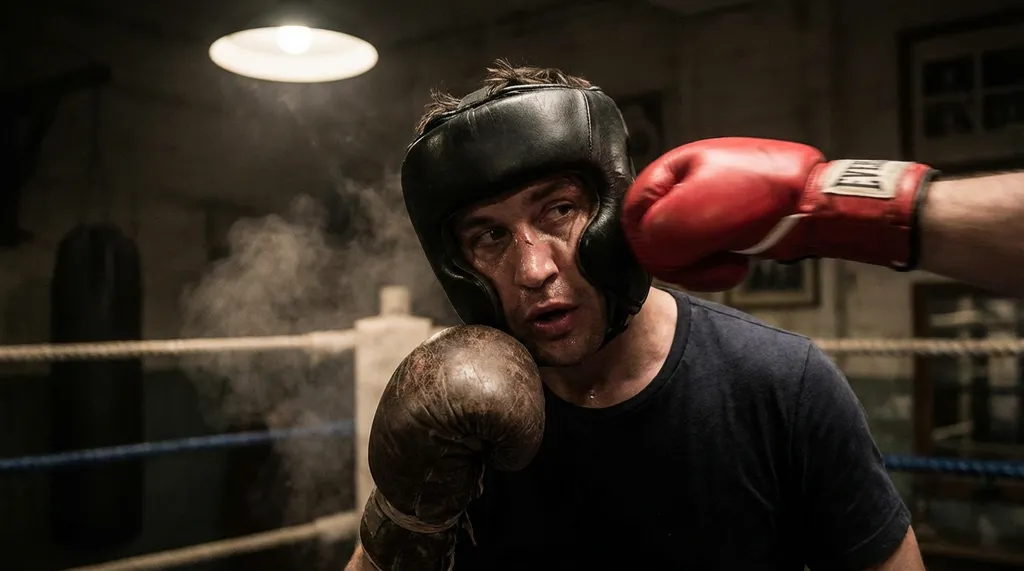 Boxer performing a defensive slip movement during sparring in a dark boxing gym