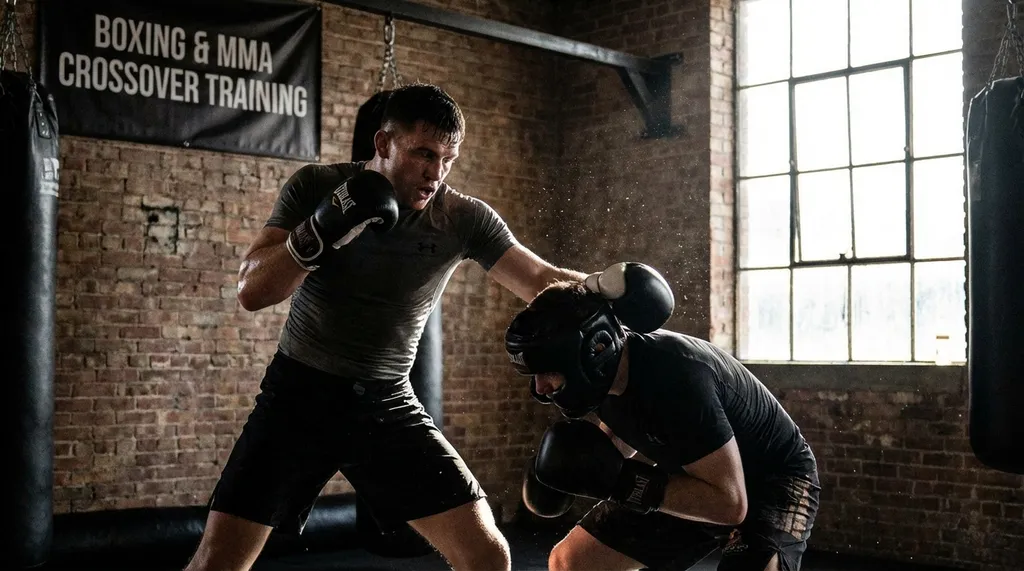 Fighter transitioning from a boxing stance into a takedown, showing the crossover between boxing and MMA