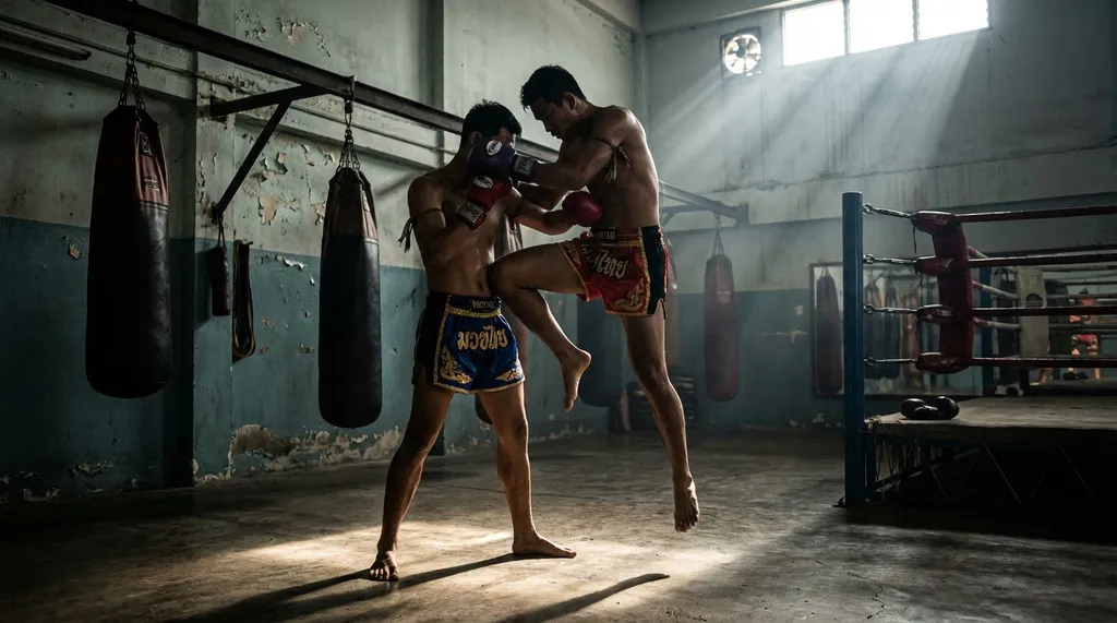 Muay Thai fighter in the clinch position throwing a knee strike during training