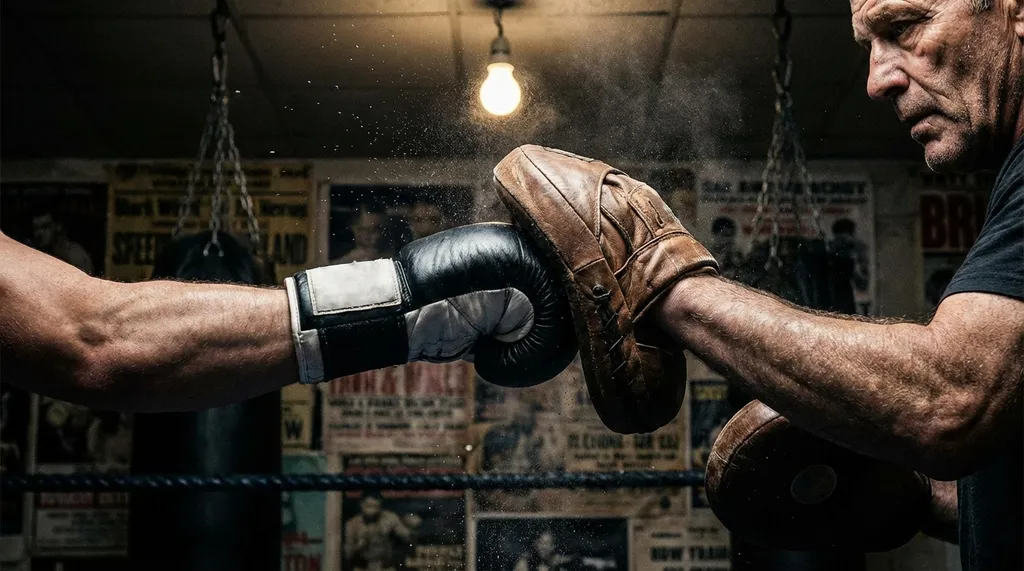 Boxing pad work session with coach holding focus mitts in a dark gym