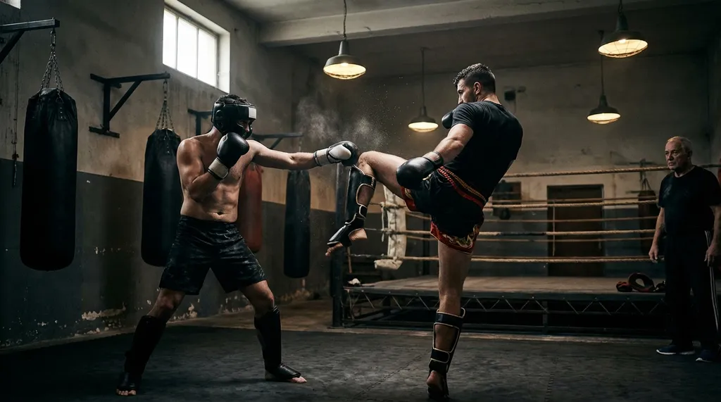 Two fighters training together, combining boxing punches and kicks in a gym setting