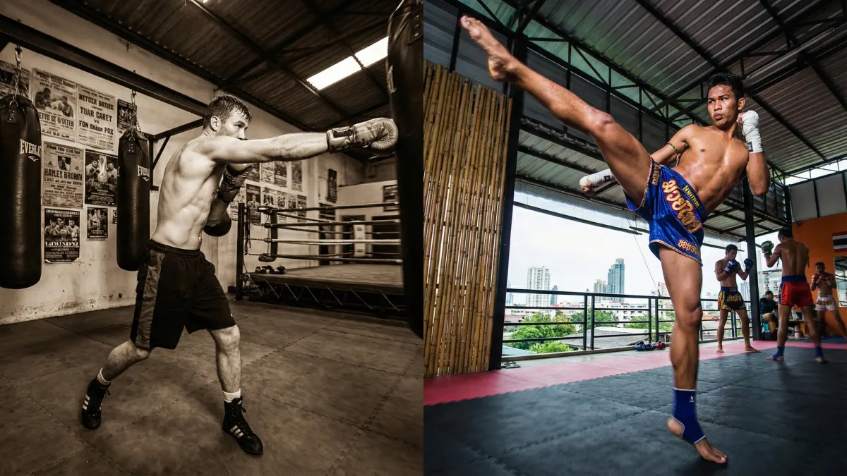 Boxer throwing a straight punch on the left, Muay Thai fighter performing a high kick on the right
